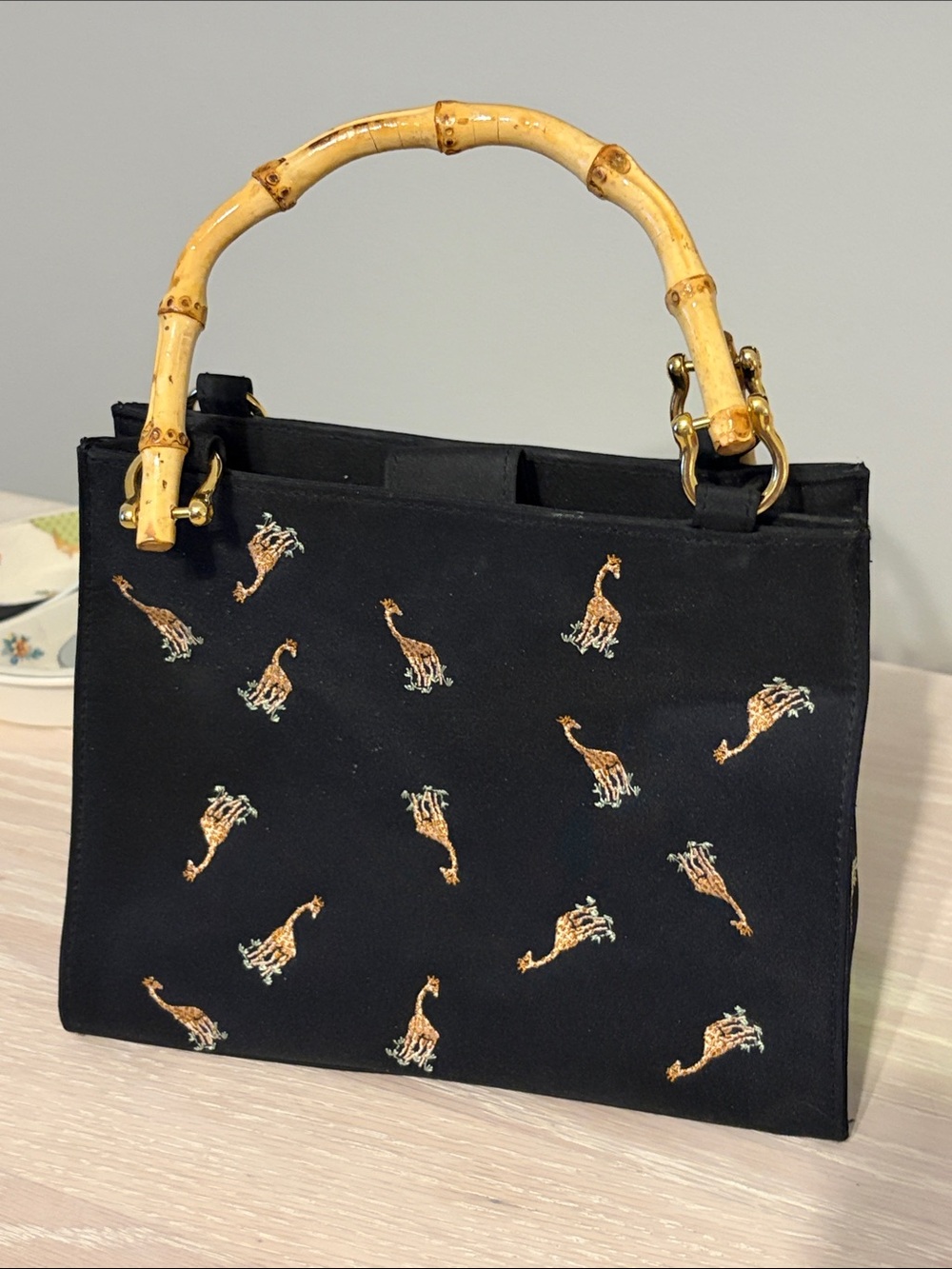 Embroidered Giraffe Prezzo snap closure vintage Mini Bag with Bamboo Handles